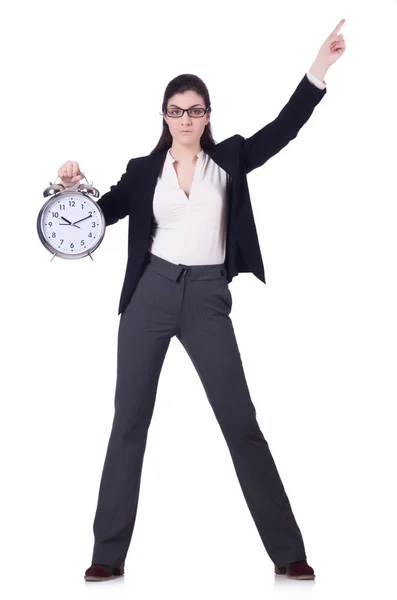 Femme avec horloge isolée sur blanc — Photo