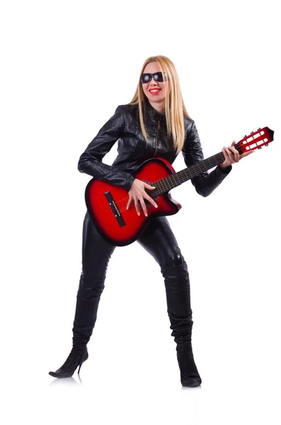 Kvinna gitarrist i läder kostym — Stockfoto