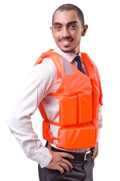 Muž v záchranné vestě izolovaný na bílém — Stock fotografie