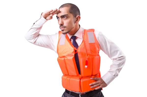 Hombre en chaleco salvavidas aislado en blanco — Foto de Stock