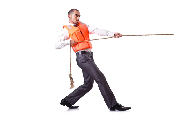 Hombre en chaleco salvavidas aislado en blanco — Foto de Stock