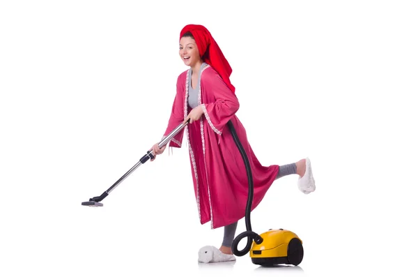 Woman working with vacuum cleaner on white — Stock Photo, Image