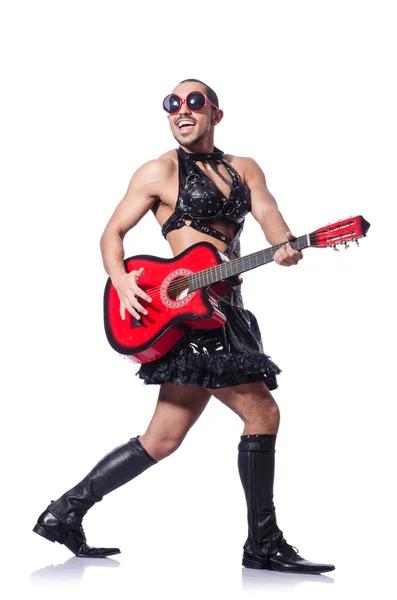 Man in woman clothing with guitar — Stock Photo, Image