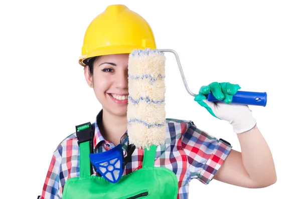 Woman painter with paintbrush on white — Stock Photo, Image