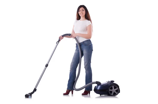 Young woman with vacuum cleaner on white — Stock Photo, Image