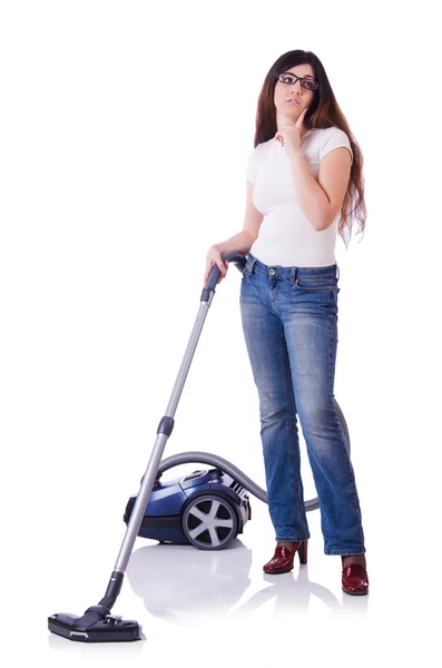 Junge Frau mit Staubsauger auf Weiß — Stockfoto