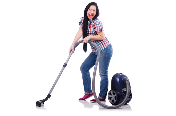 Wanita muda dengan vacuum cleaner berwarna putih — Stok Foto