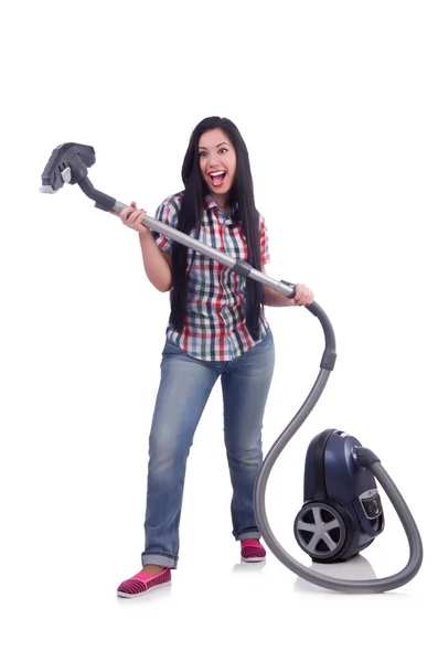 Young woman with vacuum cleaner on white — Stock Photo, Image