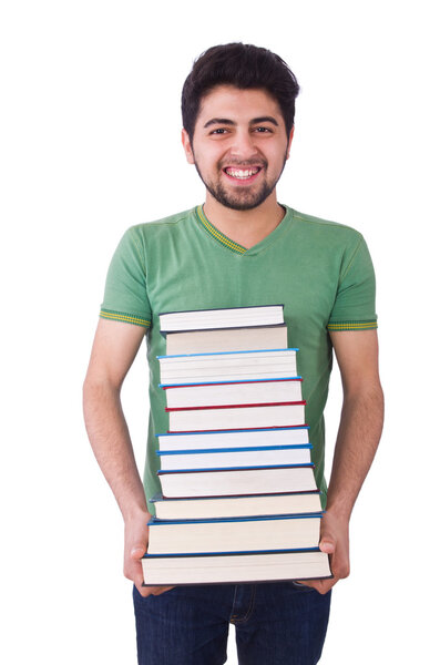 Студент с большим количеством книг на белом