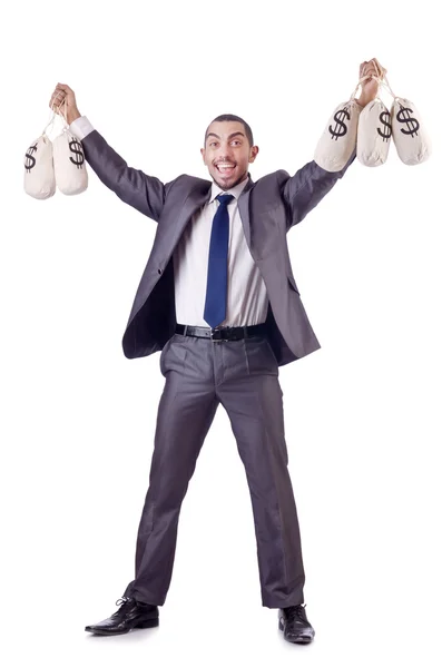 Homme avec des sacs d'argent sur blanc — Photo