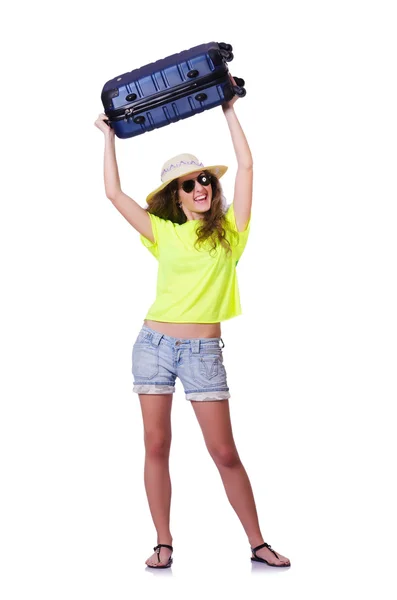 Young woman ready for summer vacation on white — Stock Photo, Image