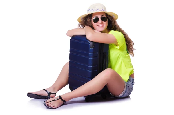 Young woman ready for summer vacation on white — Stock Photo, Image