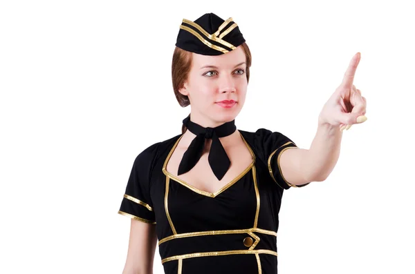 Stewardess drückt virtuelle Knöpfe in der Luft — Stockfoto