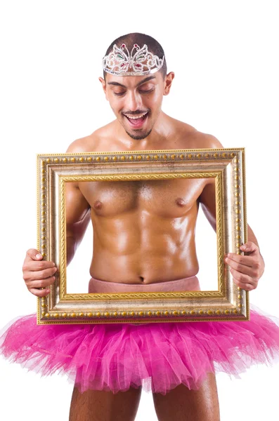 Man in pink tutu with picture frame — Stock Photo, Image