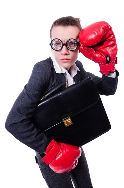 Geschäftsfrau im Boxkonzept auf weiß — Stockfoto