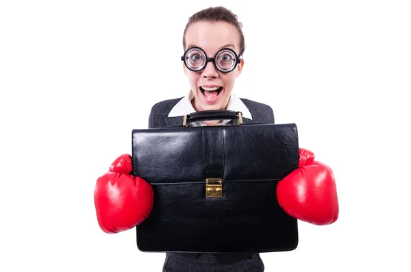 Mujer de negocios en concepto de boxeo en blanco —  Fotos de Stock