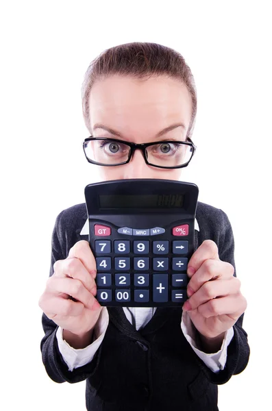 Nerd femme comptable avec calculatrice — Photo