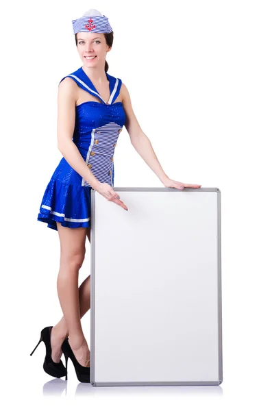 Stewardess with blank board on white — Stock Photo, Image