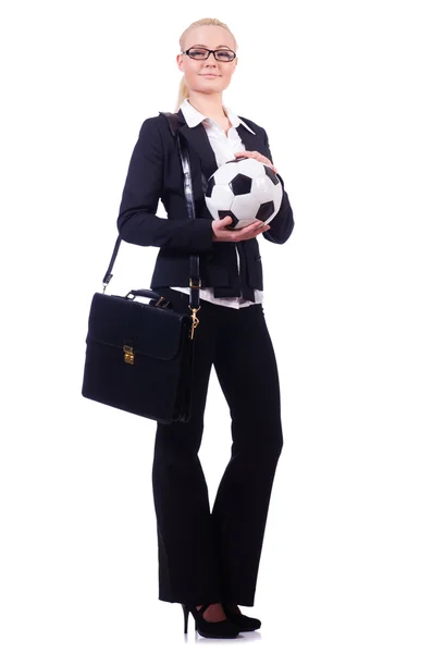 Woman with football on white — Stock Photo, Image