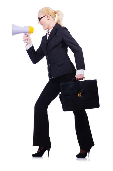 Woman businesswoman with loudspeaker on white — Stock Photo, Image