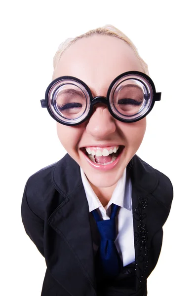 Businesswoman in funny concept on white — Stock Photo, Image