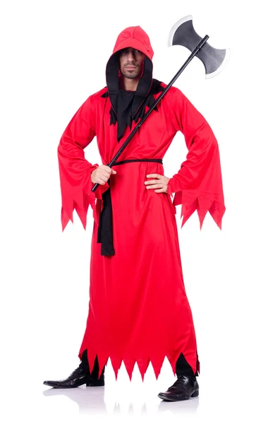 Executioner in red costume with axe on white — Stock Photo, Image