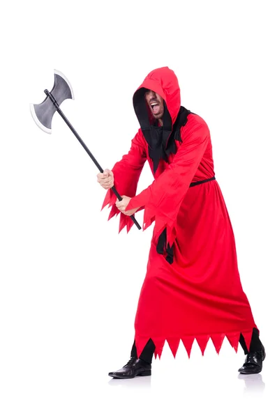 Executioner in red costume with axe on white — Stock Photo, Image