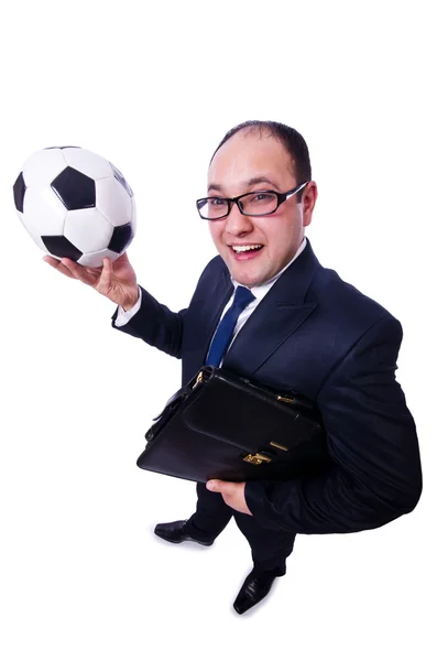 Businessman with football on white — Stock Photo, Image