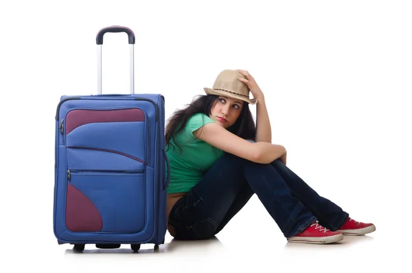 Young woman with suitcase isolated on white Stock Image