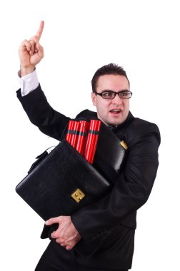 Dinamiti olan bir iş adamı beyazda izole edilmiş.