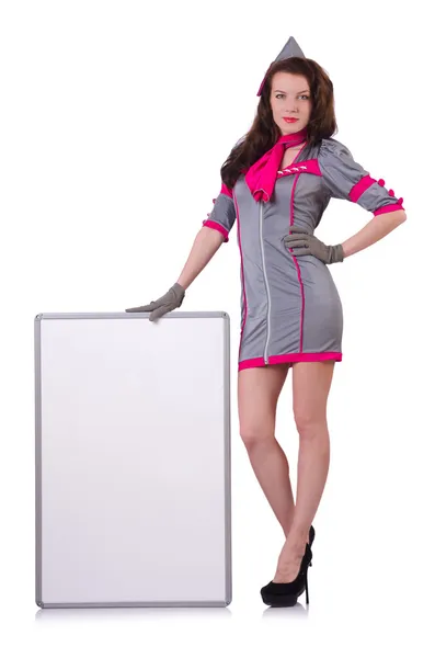 Stewardess with blank board on white — Stock Photo, Image