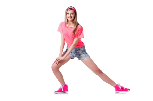 Young woman doing exercises on white — Stock Photo, Image