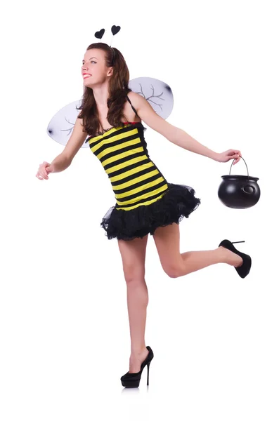 Mujer en traje de abeja aislado en blanco —  Fotos de Stock