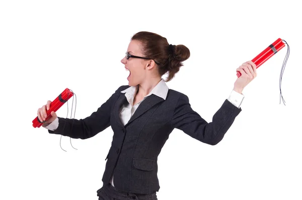 Businesswoman with dynamite on white — Stock Photo, Image