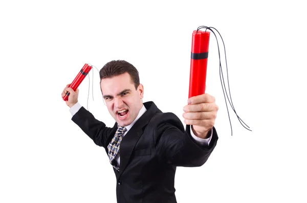 Businessman with dynamite isolated on white — Stock Photo, Image