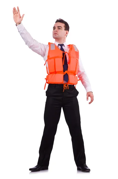 Businessman with rescue safety vest on white — Stock Photo, Image