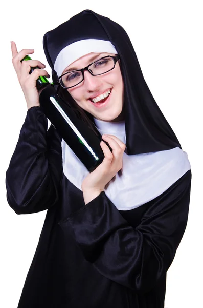 Nun with bottle of wine on white — Stock Photo, Image