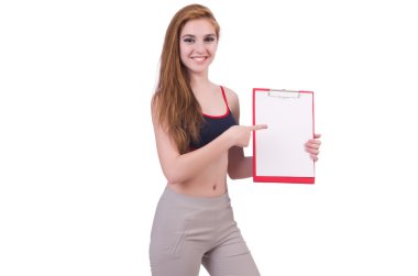 Beyaz üzerine not defteri yazan genç bir kadın.