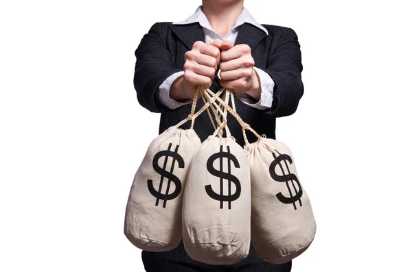 Woman with sacks of money on white — Stock Photo, Image