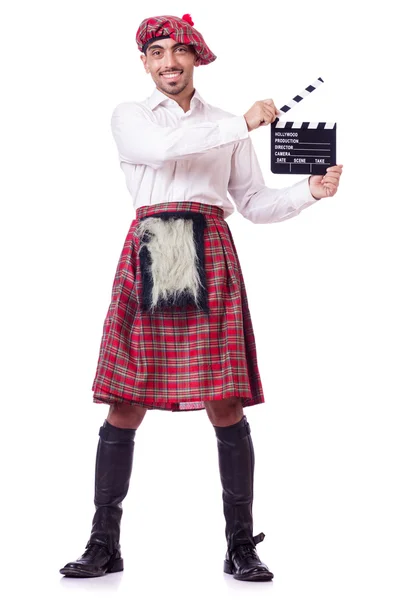 Scotsman with movie board on white — Stock Photo, Image