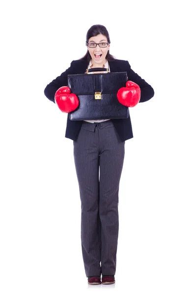 Woman businesswoman with boxing gloves on white — Stock Photo, Image