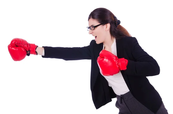 Woman businesswoman with boxing gloves on white — Stock Photo, Image