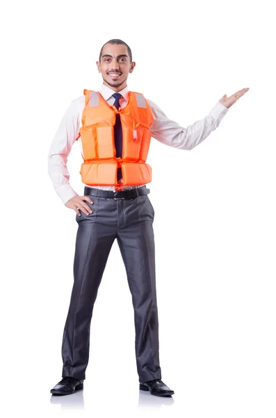 Man in life jacket isolated on white — Stock Photo, Image