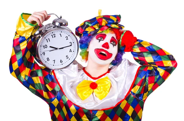Clown with clock on white — Stock Photo, Image