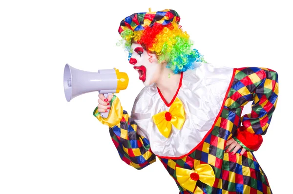 Клоун з гучномовцем на білому — стокове фото