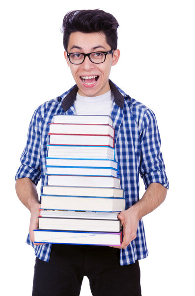 Студент с большим количеством книг на белом
