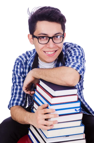 Studente met veel boeken over wit — Stockfoto