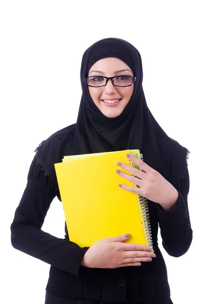 Young muslim woman with book on white — Stock Photo, Image
