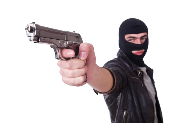 Молодий бандит з пістолетом ізольований на білому — стокове фото