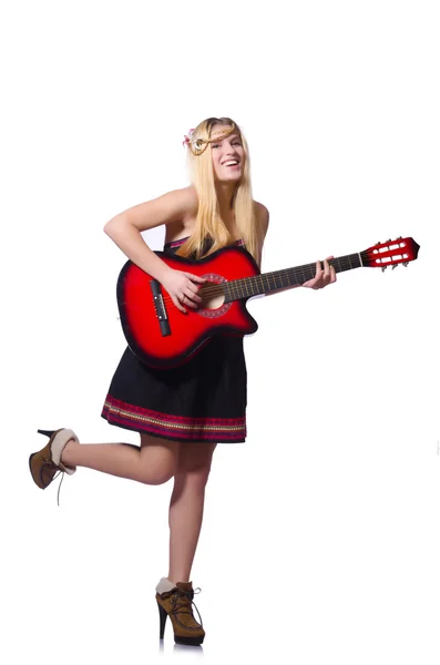 Kytarista žena izolované na bílém — Stock fotografie